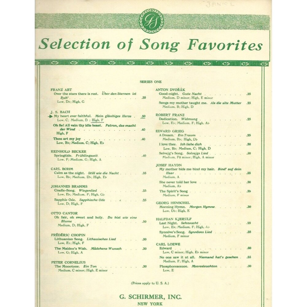 JS Bach My Heart Ever Faithful Vintage Sheet Music G. Schirmer Classical Vocal